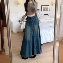 复古水洗牛仔半身裙女2024新款夏季高腰显瘦A字大裙摆拼接长裙子