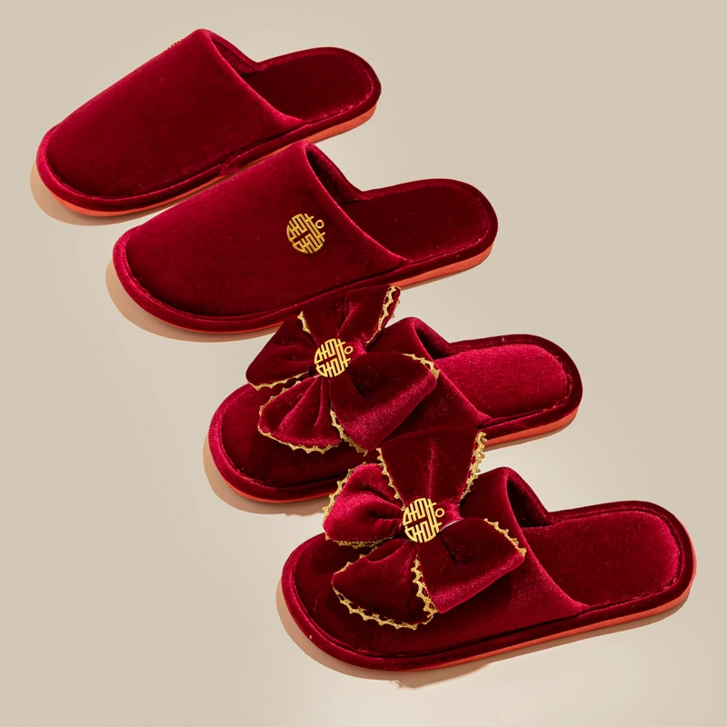 Пара Свадебные красные Тапочки праздничные красные вельветовые высококачественные свадебные утренние платья тапочки домашние Нескользящие