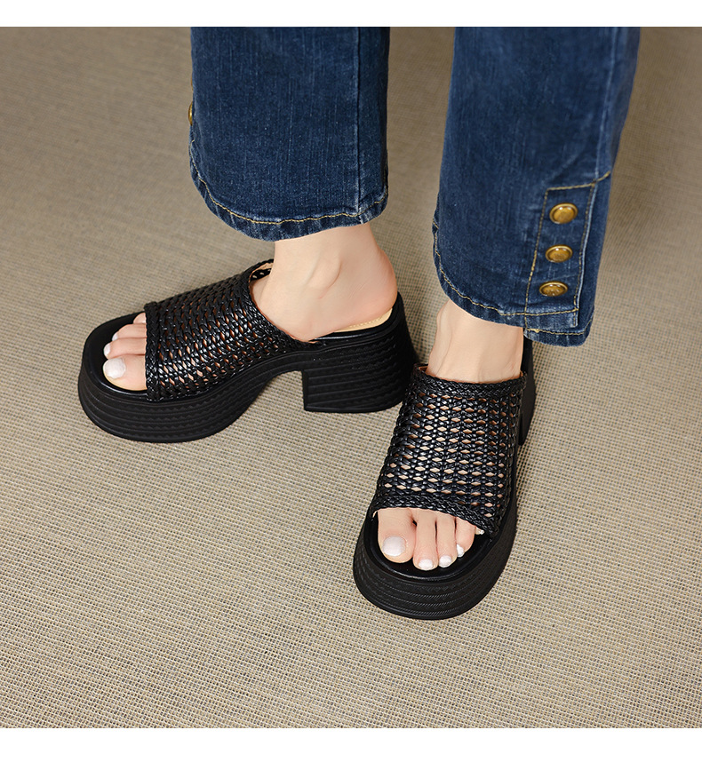 Sandal cao gót nữ đế dày phong cách La Mã, mũi hở, quai đan lộng lẫy — màu đen, màu trắng ngà chi tiết 9