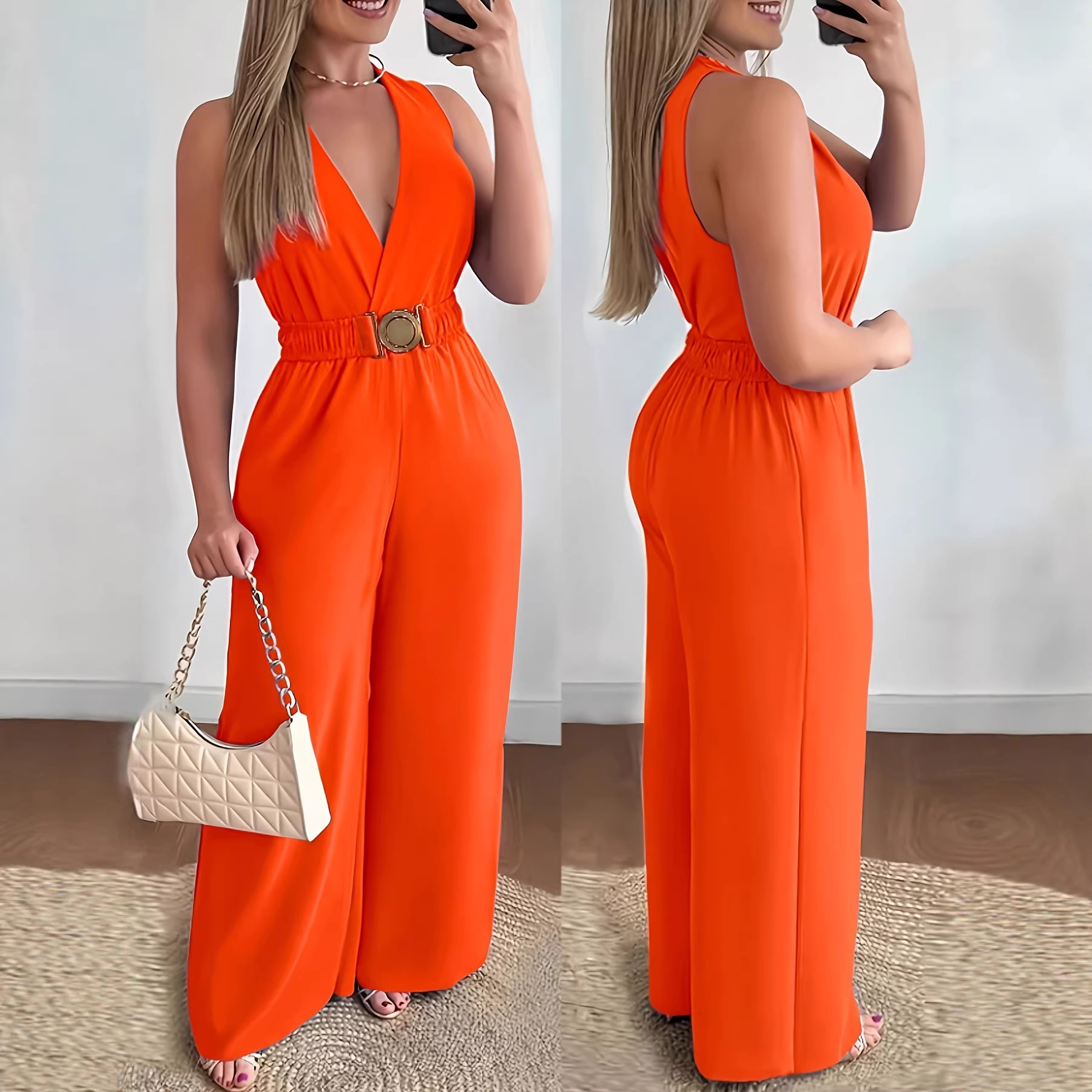 2026 primavera y verano transfronterizos explosión de cuello en V profundo sin mangas pantalones sexuales Amazon comercio exterior piernas anchas moda delgada