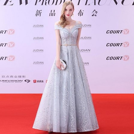 El comercio exterior de Europa y América Amazon AliExpress deseo nuevo encaje lentejuelas fuera del hombro vestido de noche tostada boda Vestido de banquete