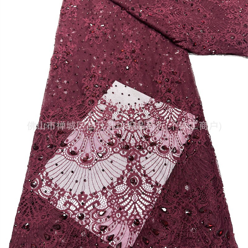 Tejido de encaje retro francés bordado rosa claro tela de malla de perlas de clavos vestido de boda