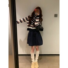 韩系甜美减龄圆领条纹长袖新品上衣套装女秋季收腰显瘦字半身裙