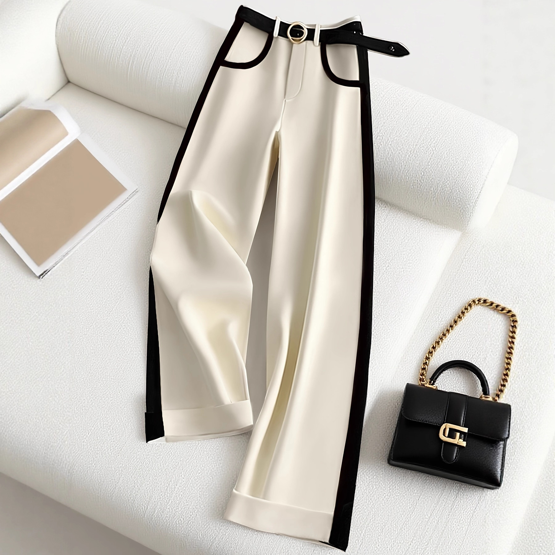 Autumn and Winter New Cross-Border Plus-Size Slimming Satin Wide-Leg Pants in Off-White with Black Side Stripes, High-Waisted Women's Pants, European and American Style Women's Clothing