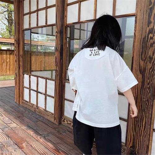 GL-kids Korean version of summer children's letter printed T-shirt on the back, unisex style for men and women, clean and refreshing black and white T-shirt