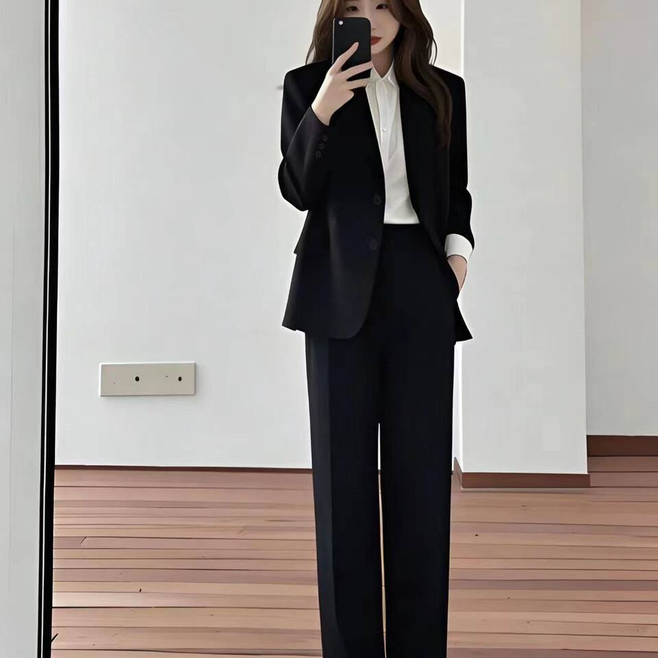 Bộ vest nữ công sở áo khoác vest đen dài tay kèm quần tây ống đứng — Quần tây ống đứng một chiếc, chiều dài quần khoảng 97cm, Áo khoác vest đơn chiếc, Áo khoác vest đơn + Quần tây ống đứng màu đen tuyền