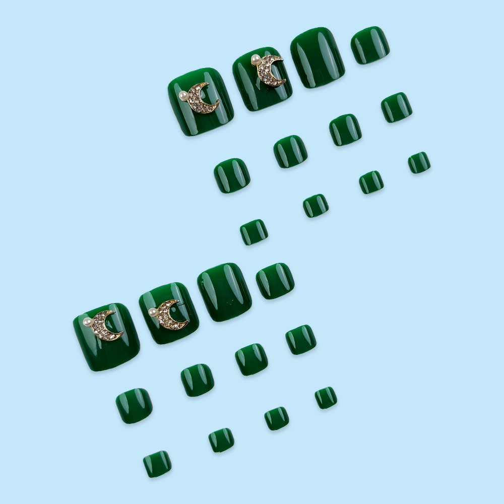 Perla verde oscuro adornamiento de perla lunar pie desgaste de uñas comercio exterior ligero de lujo manicure pie pie de uñas 24 piezas de parche de uñas image 4