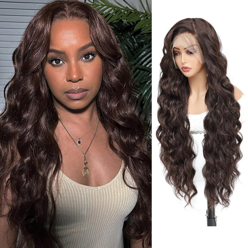 Cross-border wig European and American women's front lace chemical fiber headgear dark brown medium long curly hair big wave manufacturer