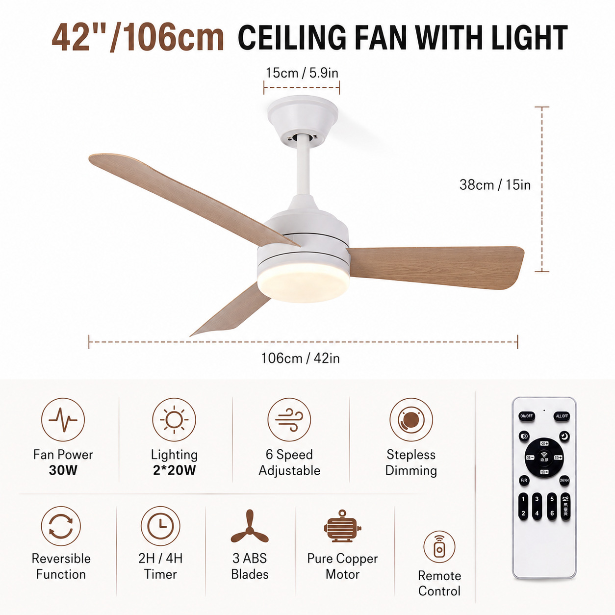 Ventilador de Techo con Luz de PC y ABS con Control Remoto para Dormitorio y Restaurante