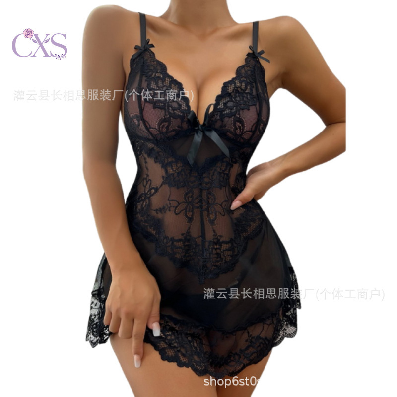 Cross-Border European and American Style Women's Summer Sleepwear, Sexy Lace Lingerie, Teasing Lingerie, Mesh Hollow-Out Camisole Nightdress