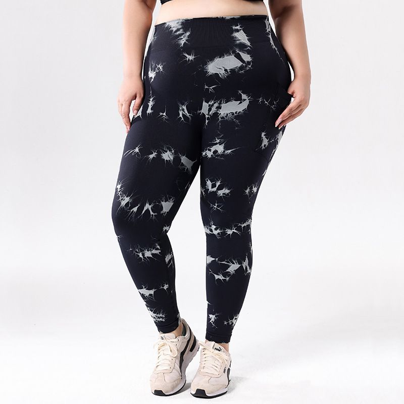 Europa y los Estados Unidos de tamaño grande con bolsillo atado, teñido, pantalones de calzada de cintura alta, leggings deportivas, pantalones de compresión para correr