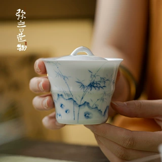 弥言手工薄胎盖碗白瓷手绘竹子泡茶碗茶杯创意竹节泡茶碗功夫茶具