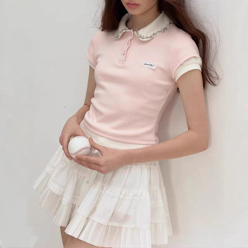 SunsetPark Sunset Park Pink Blue Grey Stitching Fake Two-Piece Polo Rhinestone Collar Short Sleeve Stretch T-Shirt Top