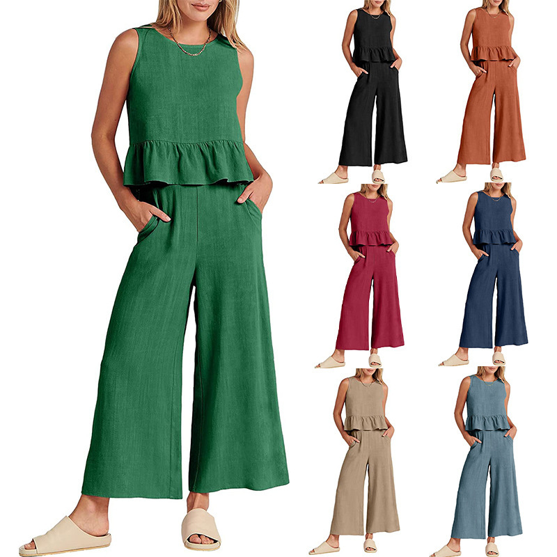 2023 Summer new European and American Foreign Trade women's clothing Amazon sleeveless pleated vest wide leg cropped pants casual suit