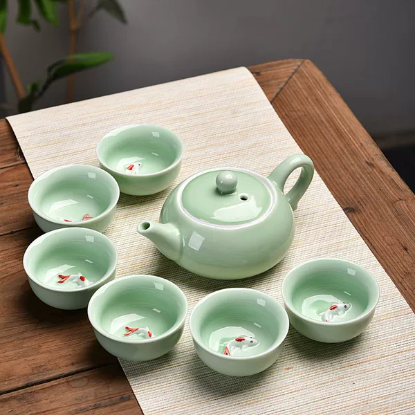 ∪∫→7-head celadon carp tea set