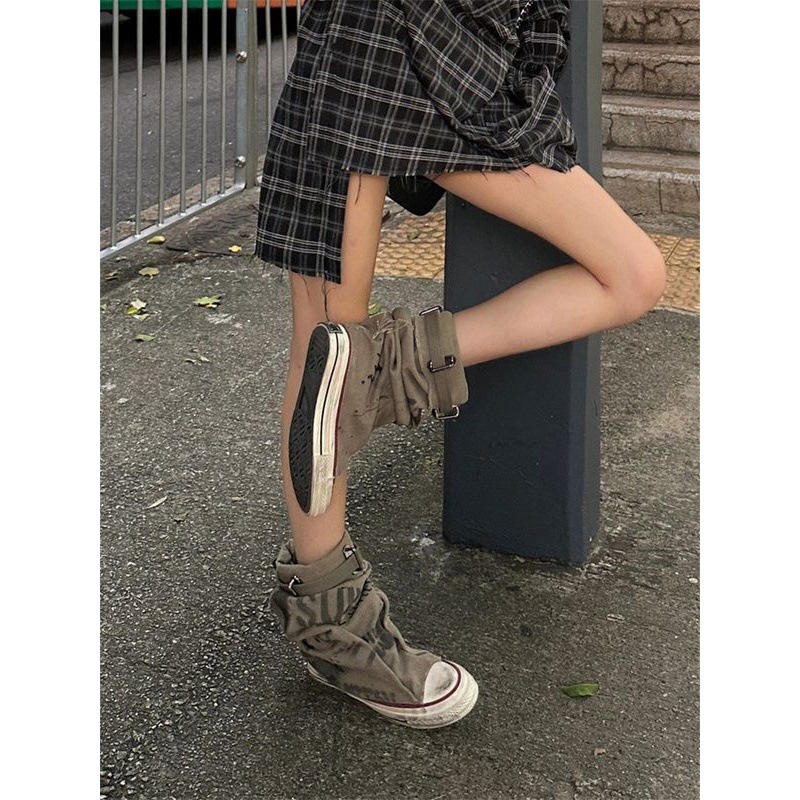 Stivali da donna alla moda a metà polpaccio, stile Wasteland, nicchia graffiti, pantaloni in tela, stivali, nuovo stile_voghion.com