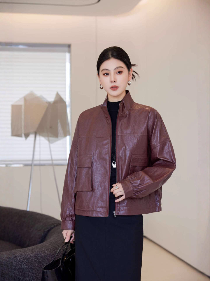 Áo khoác da nữ cổ đứng dáng suông ngắn tay dài — Rượu vang đỏ, màu đen