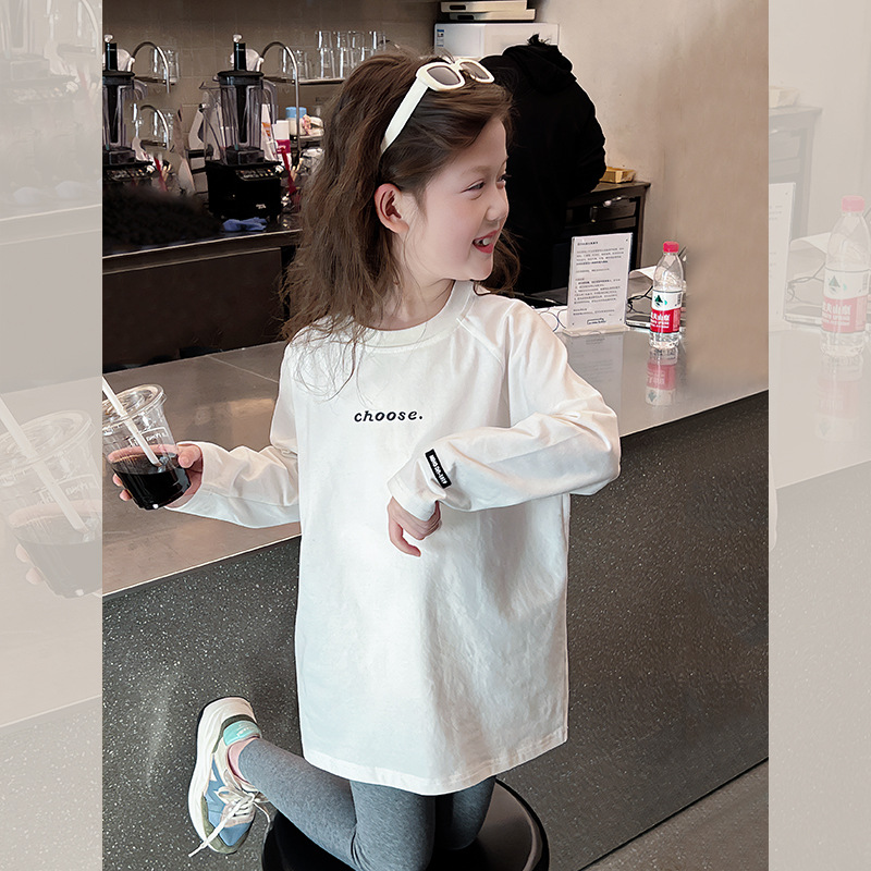 纯棉儿童中长款白t恤女童洋气上衣大童装长袖打底衫2025春装新款