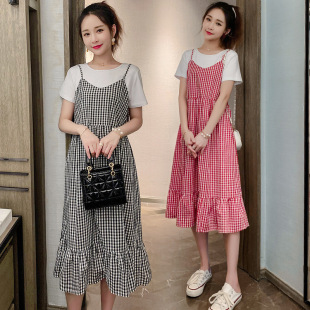 in stock Pregnant Women Summer New Fashion Internet Popular Short-sleeved Stitching Plaid dress Pregnant Women Summer Fake Two-piece Skirt