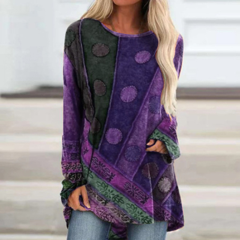 Ethnic Style Print Loose Long-Sleeved Large Size T-Shirt NSYF71821