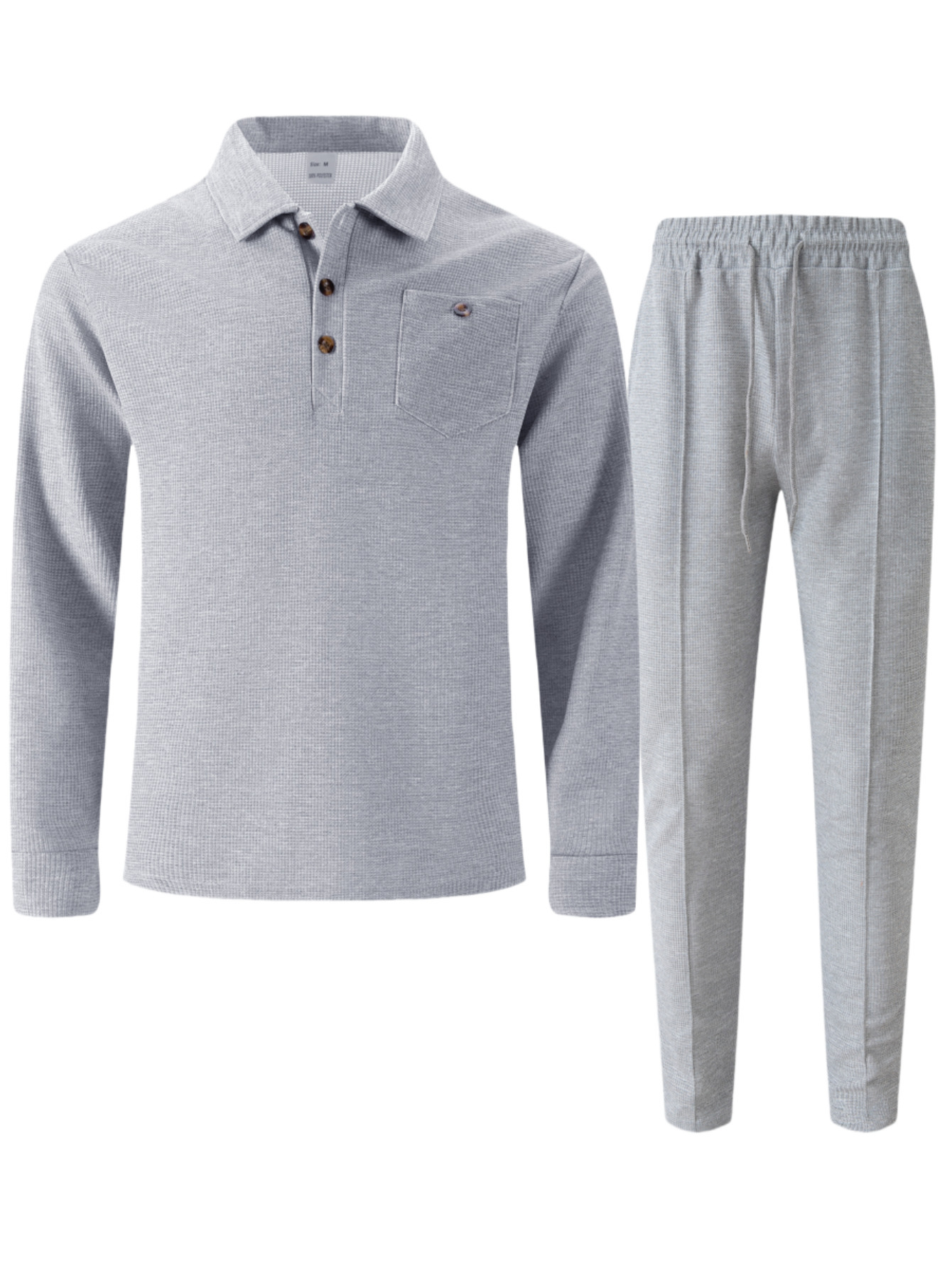 Men's Waffle Knit Shirt And Trousers Suit Casual Long Sleeve Set_voghion.com