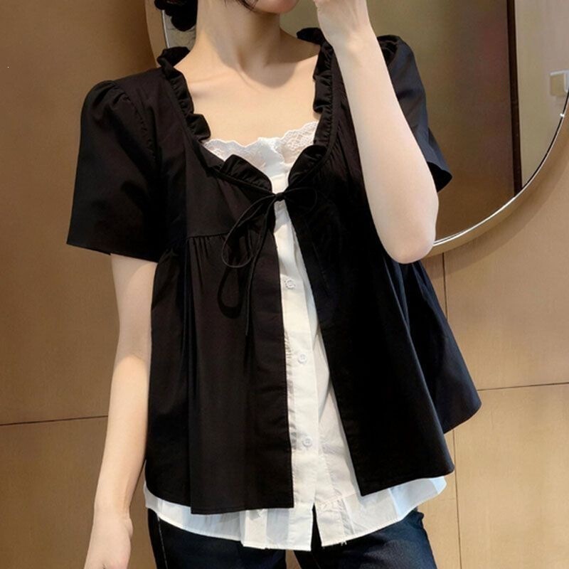 Elegant Lace-Trimmed Tie-Up Plus-Size Women's Shirt That Covers the Belly, 2026 Summer Loose-Fitting Faux Two-Piece Shirt for Plus-Size Women Elegant Lace-Trimmed Tie-Up Plus-Size Women's Shirt That Covers the Belly, 2026 Summer Loose-Fitting Faux Two-Piece Shirt for Plus-Size Women