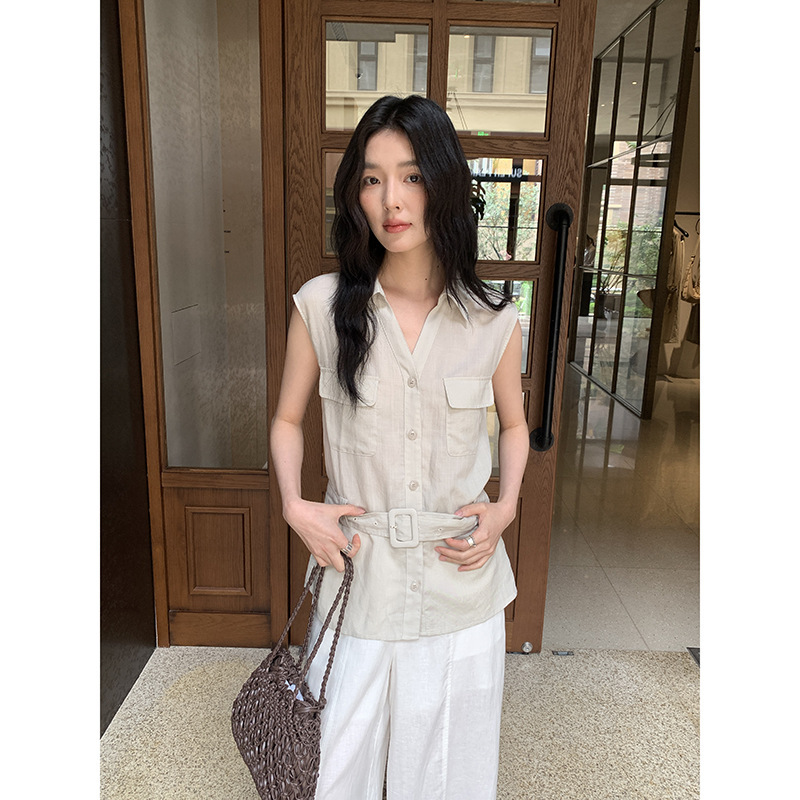 Mmc Old Money Style Ramie Sleeveless Shirt 2026 Summer New Pocket Design Slimming Versatile Blouse 62S52082