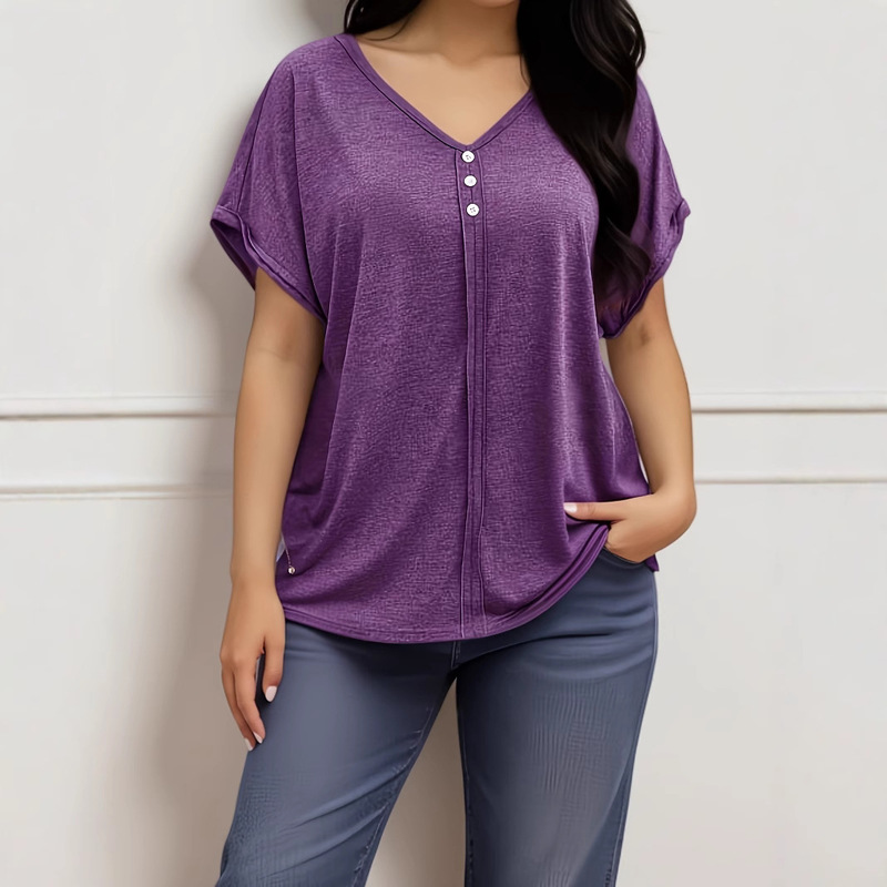 plus size cross-border 2024 new European and American style women's foreign trade top bat wing sleeve casual button plus size t-shirt
