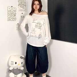 女士夏季2025新款薄款美式慵懒风抽绳斜肩印花长袖罩衫宽松百