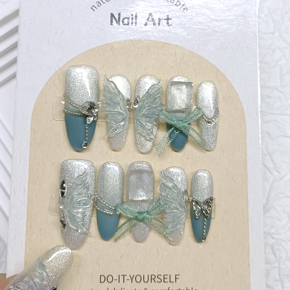 Azul azul medio ala arco de uñas piezas de uñas dulces 10 piezas de uñas de hadas decimales manuales puros ojos de gato para usar uñas