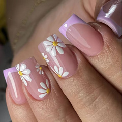 Simple French-style purple-bordered nail art, cross-border nail plate wholesale, white small flower nail sticker, foreign trade fake nails