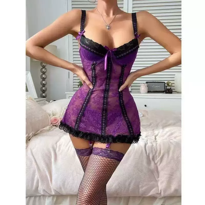 瑰云 Sexy кружевная поддержка пижама, атласная юбка, утягивающий эффект
