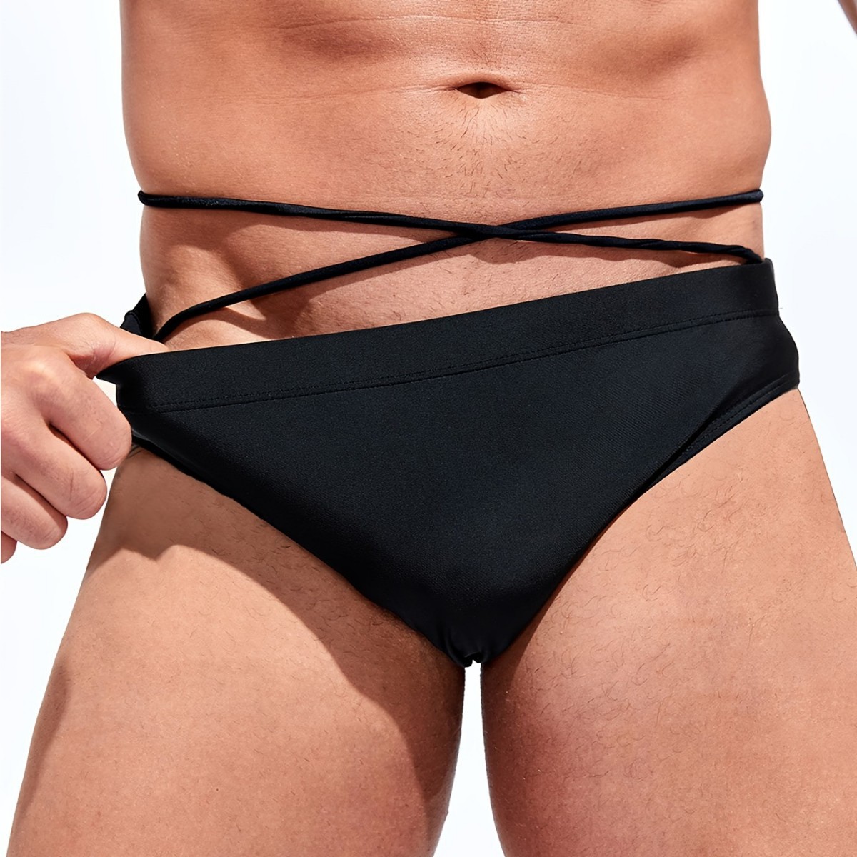 2026 New European and American Style Sexy Solid Color Men's Cross-Tie Low-Rise Triangle Swim Trunks to Prevent Awkward Exposure
