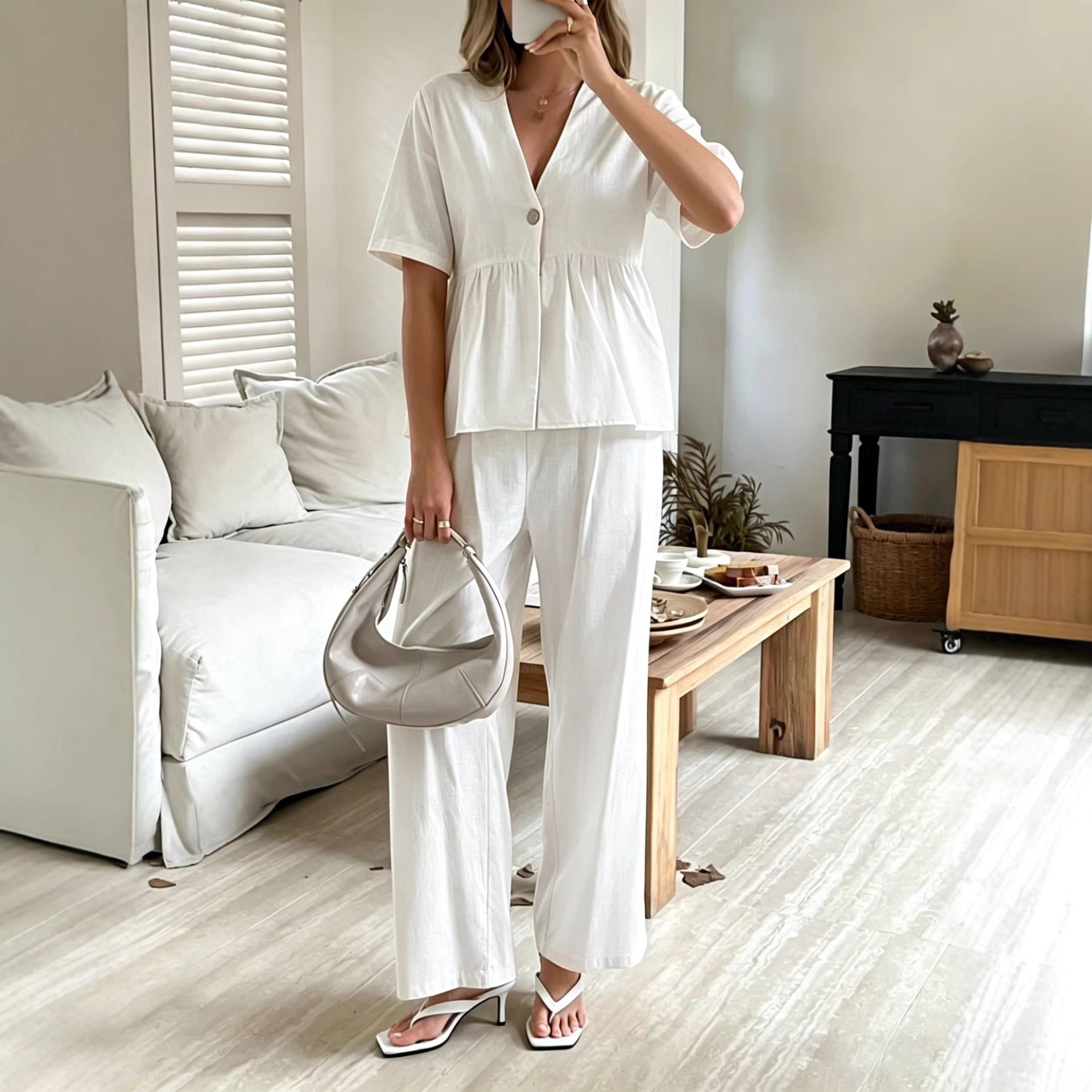 Women's Clothing Fashion Elegant Two Piece Set V Neck Loose Short Sleeved Top And Wide Leg Pants For Formal & Casual For Women_ecoleips.com