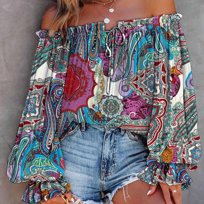 European and American Women's Sexy Shoulder Shirt with Collar Women's Foreign Trade New Long Sleeve Printed Ruffled Pullover