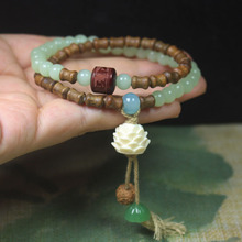 绿檀竹节浅绿珠双圈佛珠手链白莲花款简约森系文玩手串念珠批发