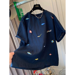 ハイエンドヨーロッパホワイトプリントリネン Tシャツ半袖レディース 2025 夏新多用途ルーズラウンドネックコットンとリネントップ