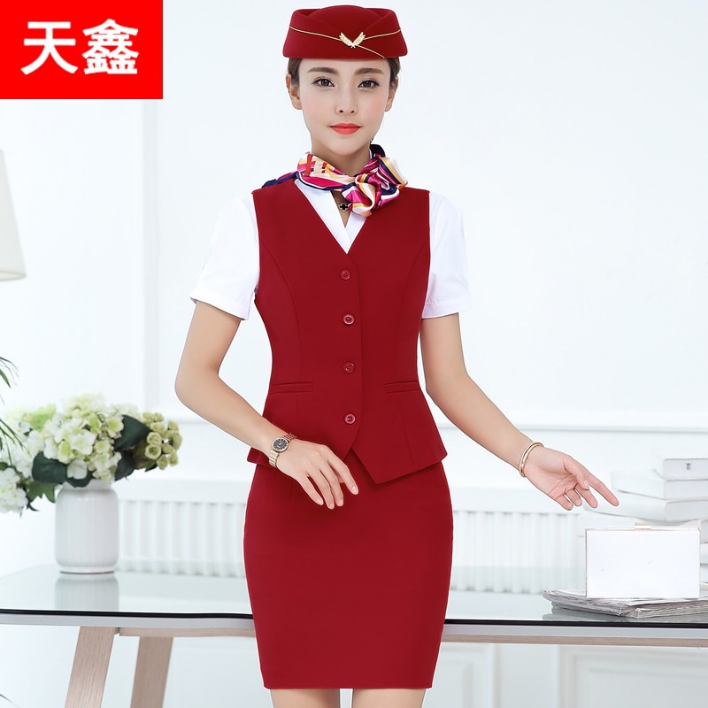 Stewardess Uniform Professional Suit Women's Summer Short-Sleeved Fashion Vest Three-Piece White-Collar Bank Hotel Ol Work Clothes