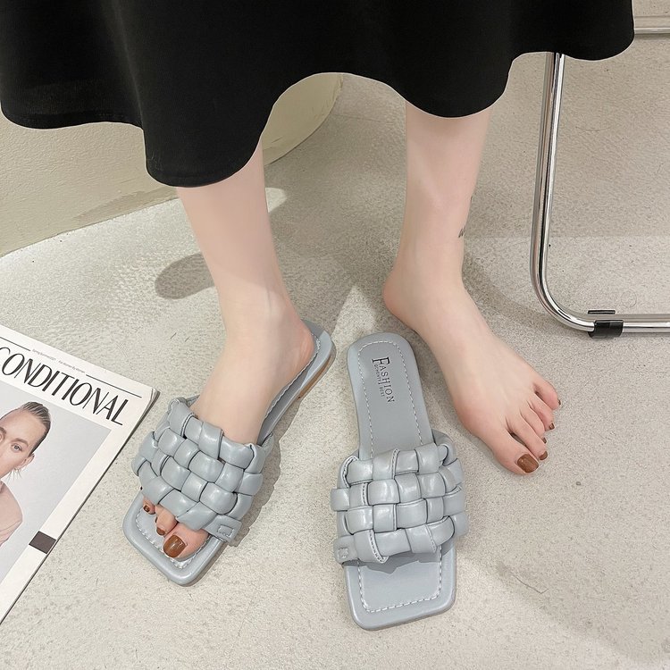 2021夏季新款韩版平底拖鞋女外穿编织方头露趾一字拖时尚凉拖批发|ms