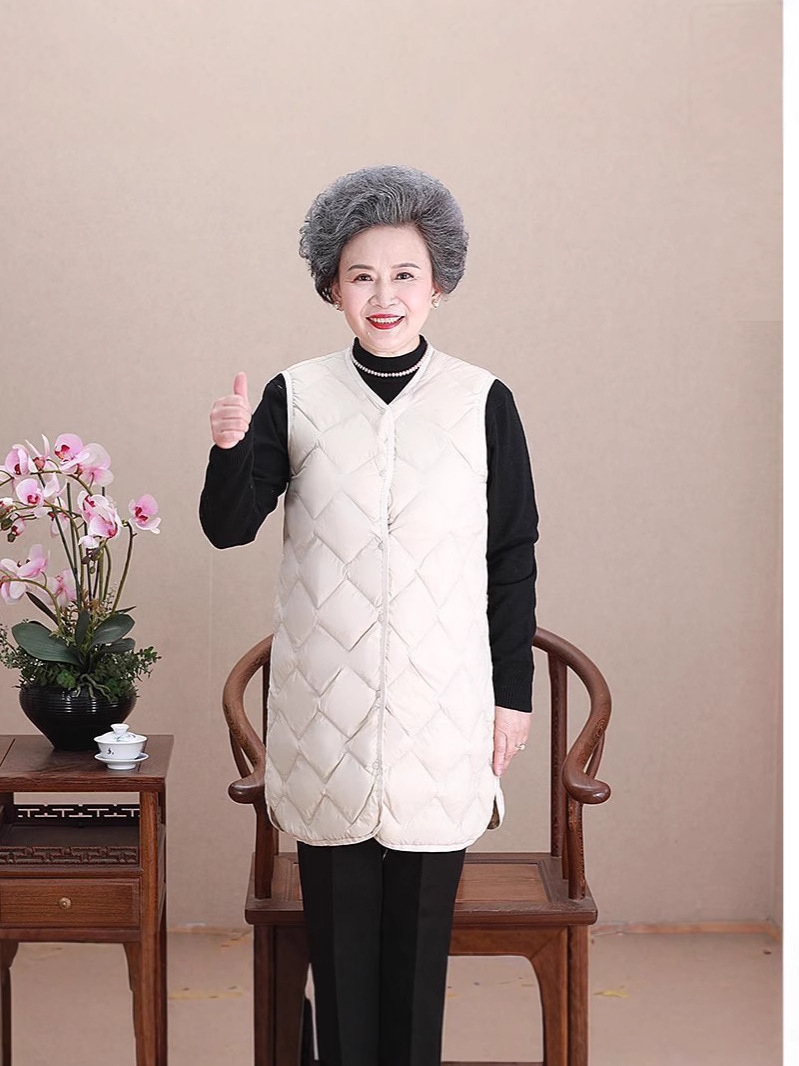 Chaleco de mediana edad y ancianos, ropa de madre, chaqueta de plumón de cuello redondo ligero, forro, chaleco, chaleco cálido de gran tamaño para mujer, chaleco, marea