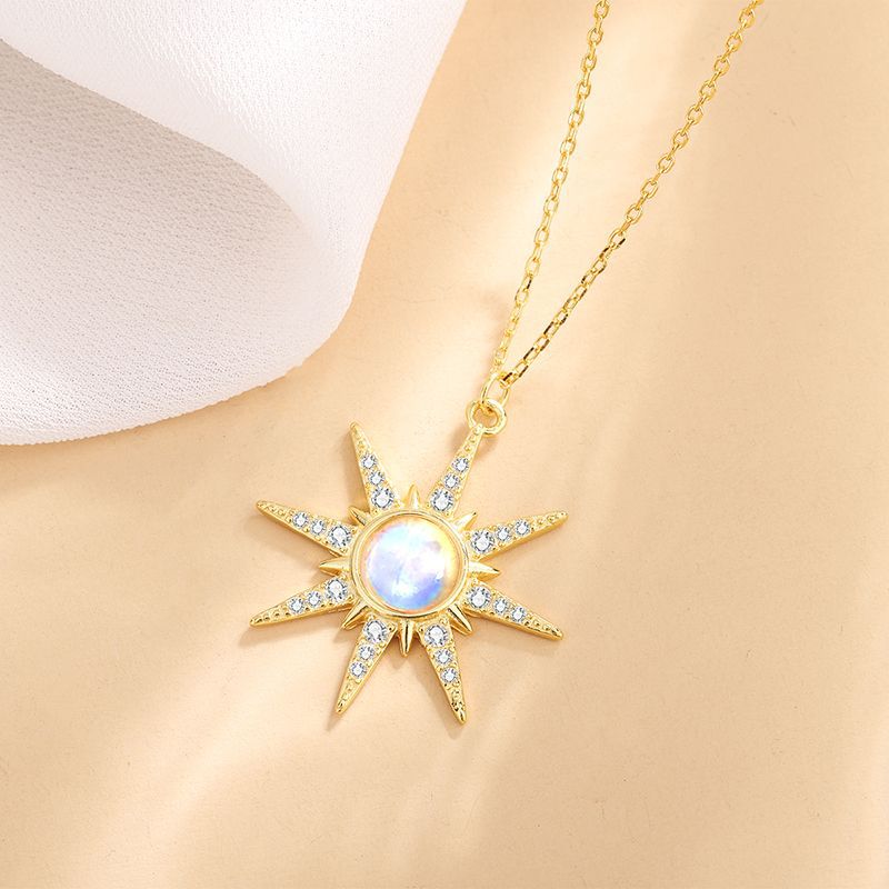 Daily Occasion 925 Sterling Silver Material 925 Sterling Silver Moonstone Cable Chain Plating Eight Awn Star Pendant Necklace