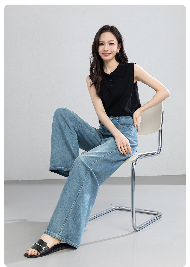 Quần jean nữ ống rộng cạp cao chất vải denim pha sợi tencel mềm mại — xanh lam chi tiết 21