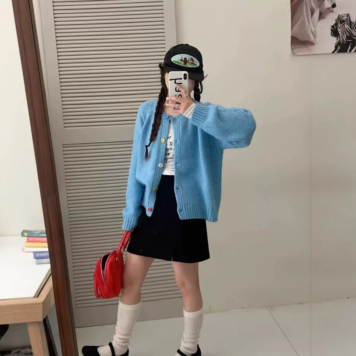 秋冬新款韩系减龄彩虹纽扣圆领针织开衫慵懒风高级感宽松毛衣外套
