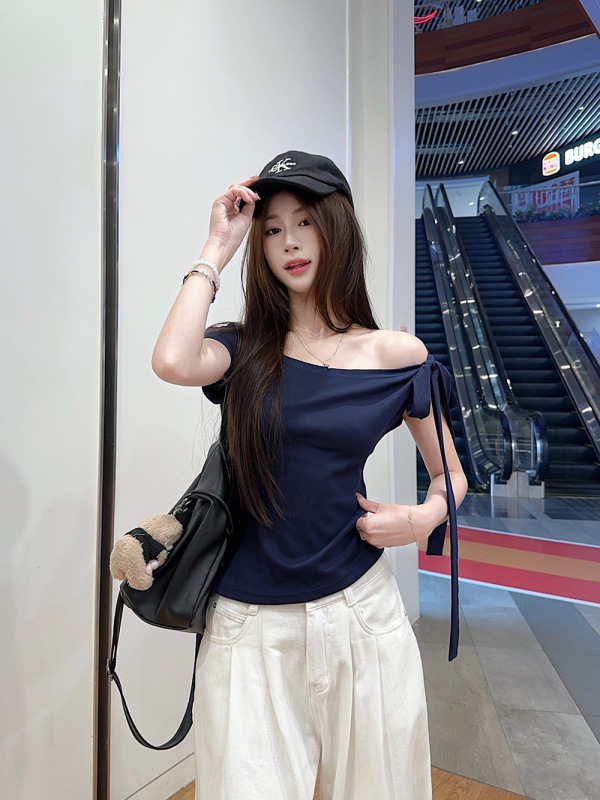 辣妹风绑带斜肩短袖T恤2025夏季新款显瘦修身气质短款学生上衣女|undefined