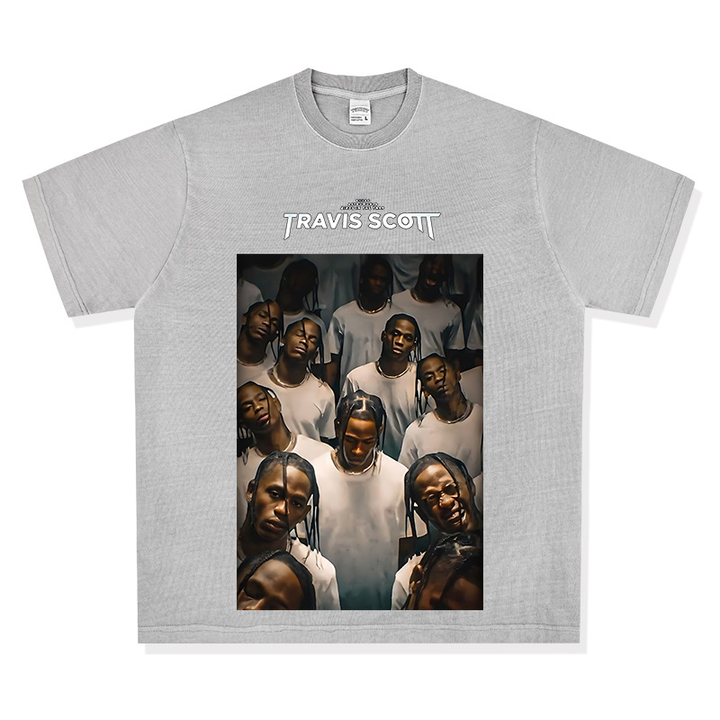 Bc Europa y América calle hip hop Travis Scott rap personaje impreso lavado apenado suelta manga corta Camiseta de los hombres