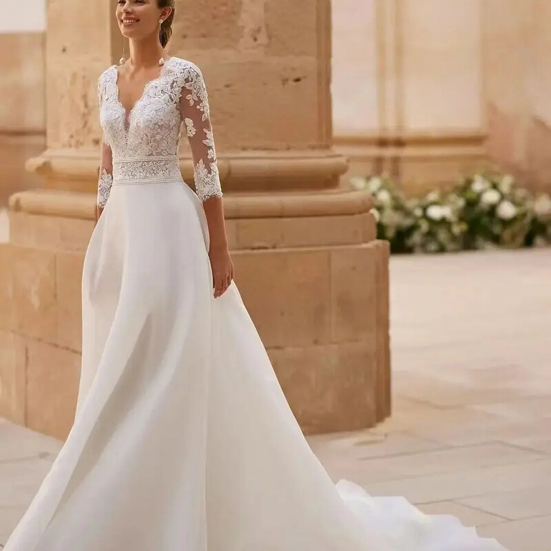 Elegant Women's V-Neck Wedding Dress Lace Applique Long Sleeve Princess A-Line Gown Formal Party 2026 New Wholesale