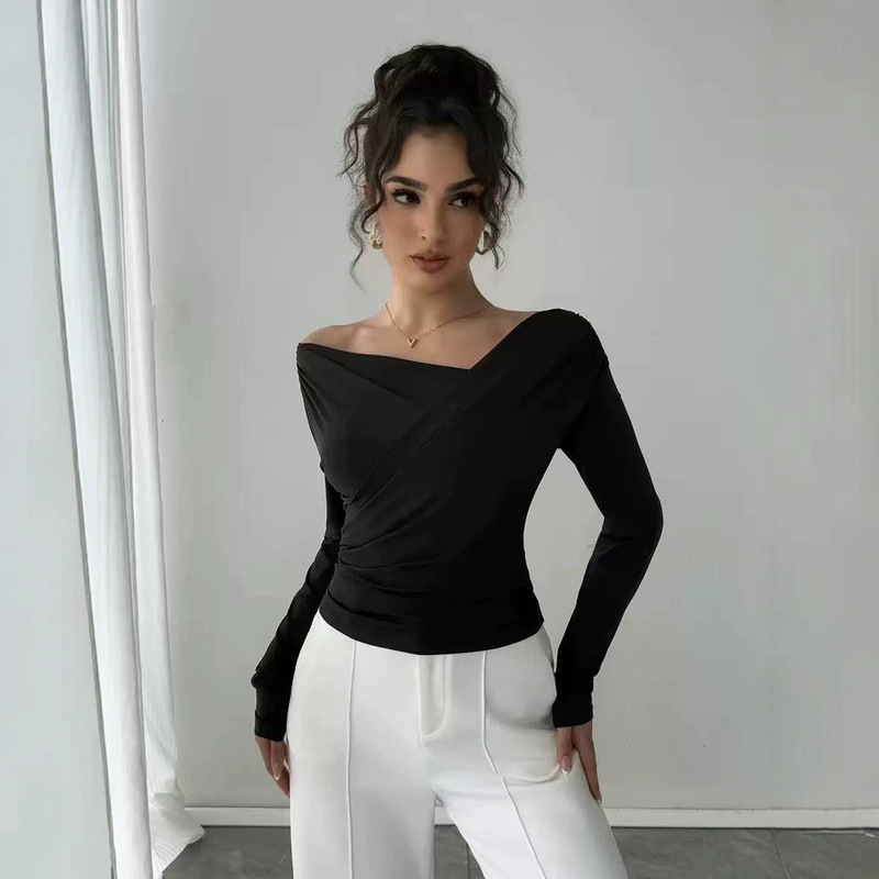 European and American cross-border 2026 autumn new collection: solid-color, fashionable, one-shoulder, V-neck, slim-fit, long-sleeved, versatile, and suitable for work