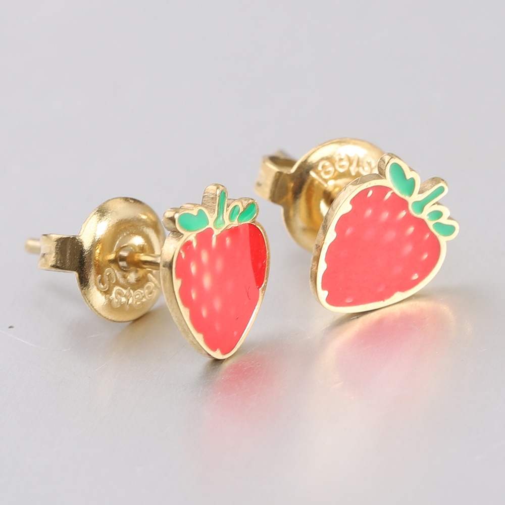 Titanium Steel Material 1 Pair Simple Style Cherry Heart Shape Strawberry Enamel Titanium Steel Ear Studs