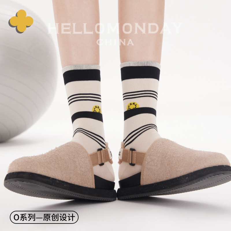85223 Socks Women's Summer Cartoon Mid-length Socks White Convex Cotton Socks Striped Sports Stockings Ins Trendy Women