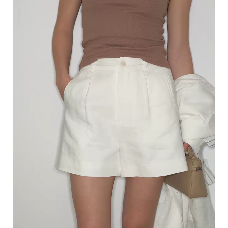DeeseSicile White Old Money Style 100% Linen Suit Shorts Straight Wide-Leg Hot Pants Casual Pants for Women